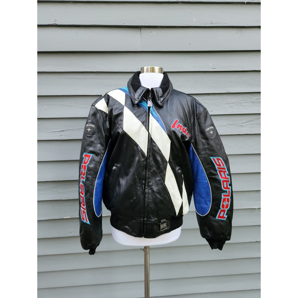 Vintage Polaris Indy Leather Racing Jacket Black Blue White Snowmobile Mens Md
